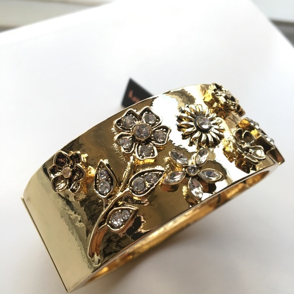 gold toned wide cuff bracelet with flowers and crystals - Picture 7 of 8